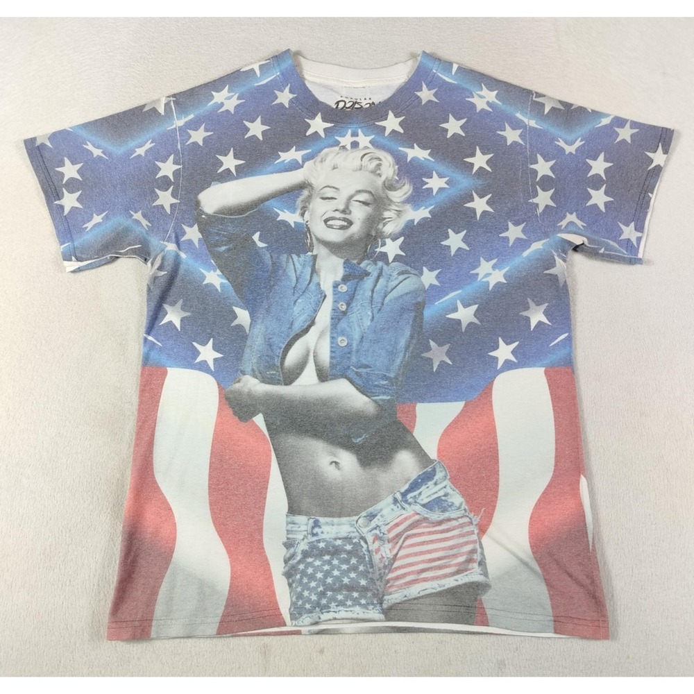 Popular Poison Shirt‎ Mens Medium Multicolor USA Flag Pin Up Marilyn Monroe AOP